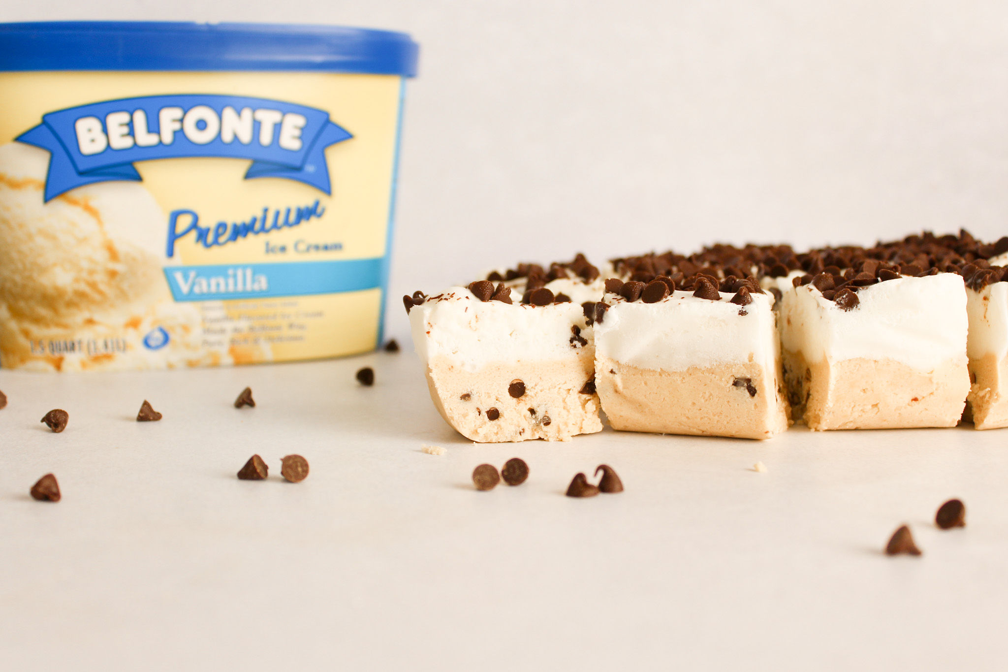cookie dough ice cream bars and container of Belfonte Premium Vanilla ice cream