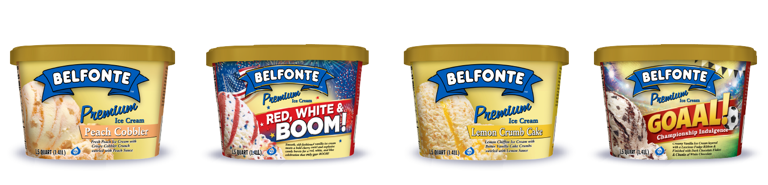 Containers of Belfonte Peach Cobbler Ice Cream, Red White & Boom Ice Cream, Lemon Crumb Cake Ice Cream and GOAAL! Ice Cream