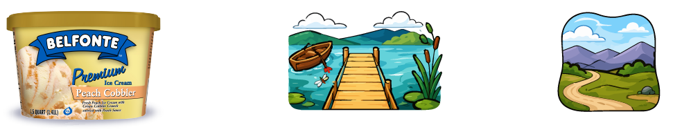 Belfonte Premium Peach Cobbler ice cream container beside illustrated summer scenes featuring a lakeside dock and a winding country path on a panoramic banner background
