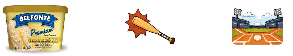 Belfonte Premium Lemon Crumb Cake ice cream container beside illustrated summer baseball-themed graphics featuring a wooden bat and a ballpark stadium on a wide banner background