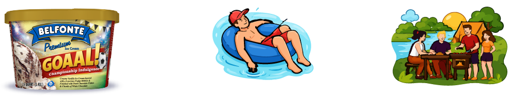 Belfonte Premium GOAAL! Championship Indulgence ice cream container beside illustrated summer recreation scenes featuring a person floating on an inner tube and a group gathered outdoors around a picnic table by the water at sunset